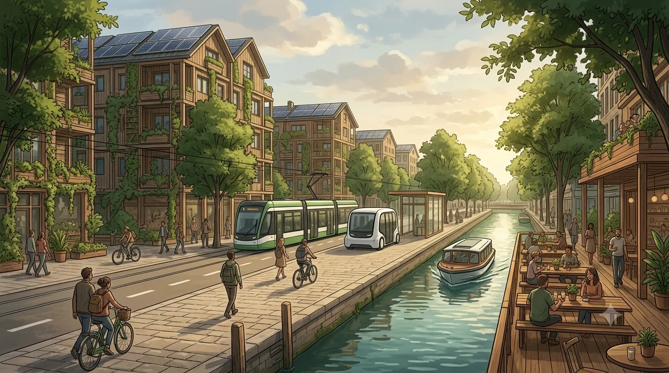 Autoluwe gracht met fietsers, een pod en een tram