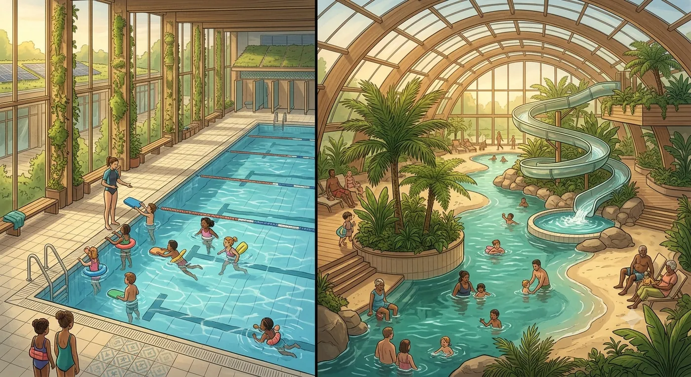 Tweeluik: zwemles in een instructiebad naast recreatief zwemmen in een subtropisch zwembad
