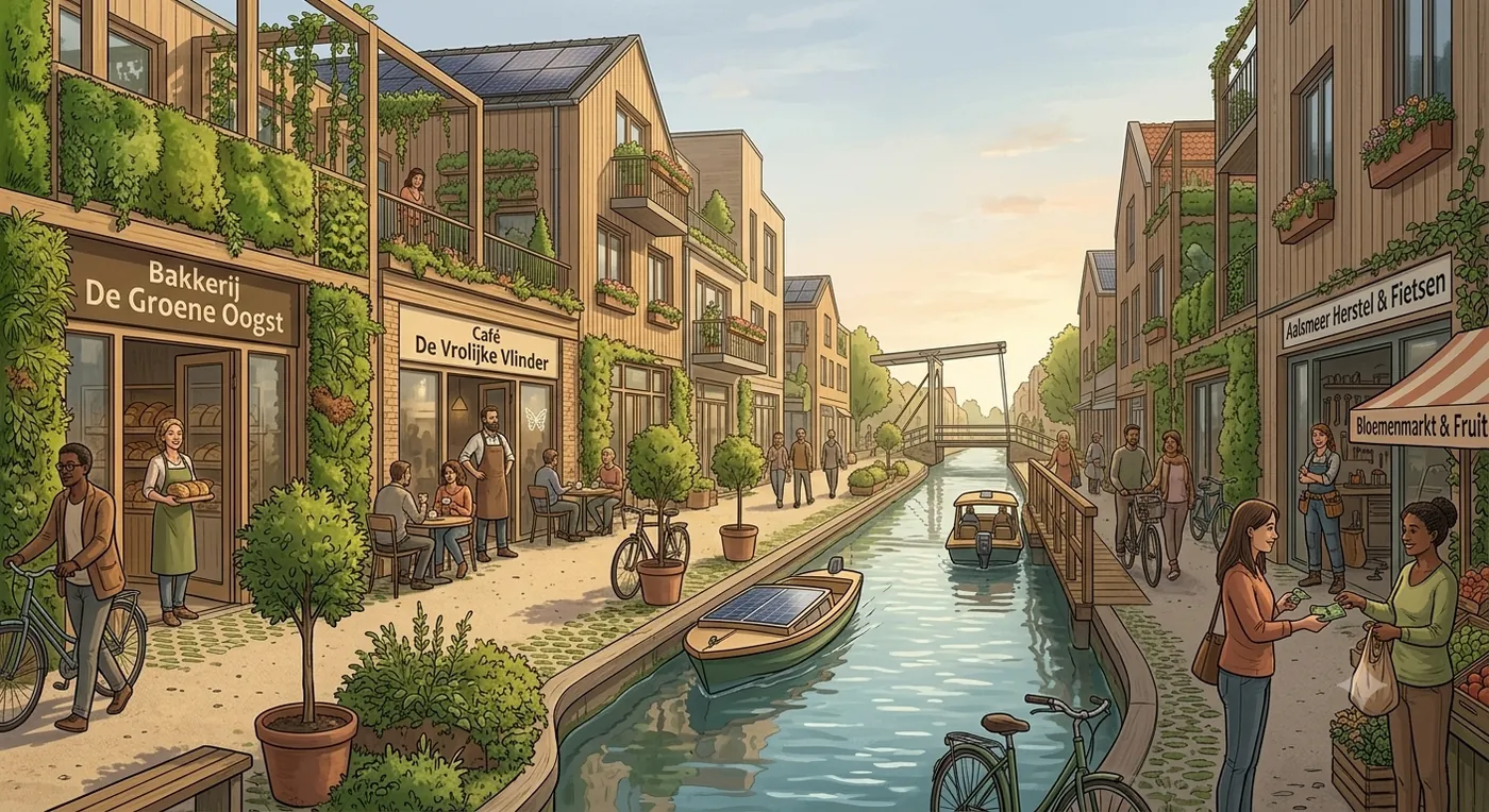 Levendige autovrije winkelstraat met een bakker, reparatiezaak en café, met woningen boven de winkels